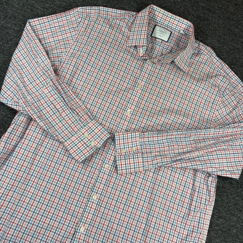 Charles Tyrwhitt Dress Shirt Mens 18/35 Red Blue Plaid Classic Fit Cotton Check